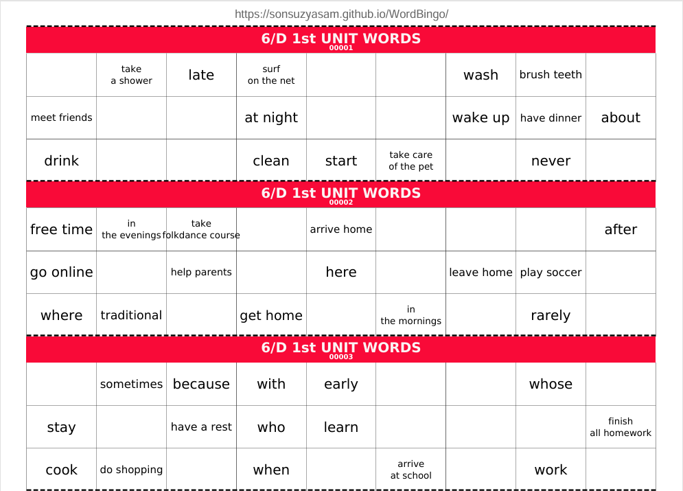 Örnek Etiketli Word Bingo Kartı 1
