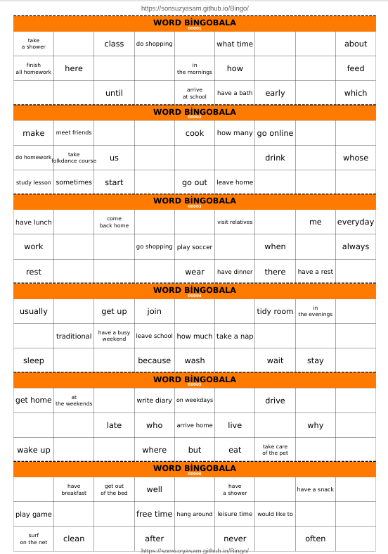 Örnek Word Bingo Kartı 2